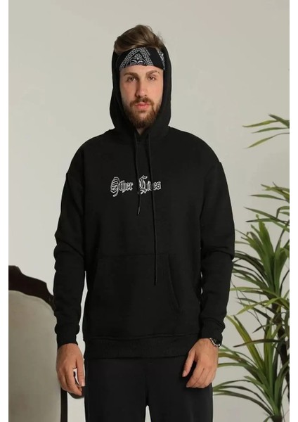 Erkek Sırt Baskılı Oversize Üç Iplik Kapüşonlu Sweatshirt - Siyah