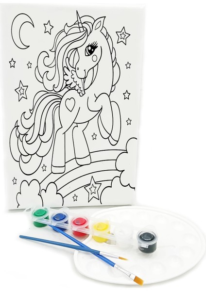 Unıcorn Minik Ressam Seti 20 x 30 cm Önçizimli Tuval 2 Adet Fırça Palet ve Boya