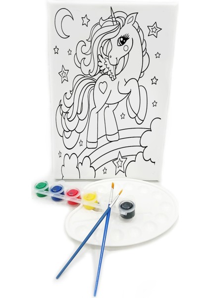 Unıcorn Minik Ressam Seti 20 x 30 cm Önçizimli Tuval 2 Adet Fırça Palet ve Boya