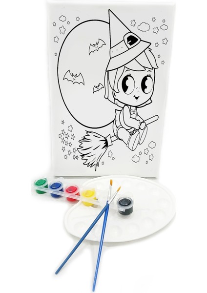 Cadı Minik Ressam Seti 20 x 30 cm Önçizimli Tuval 2 Adet Fırça Palet ve Boya