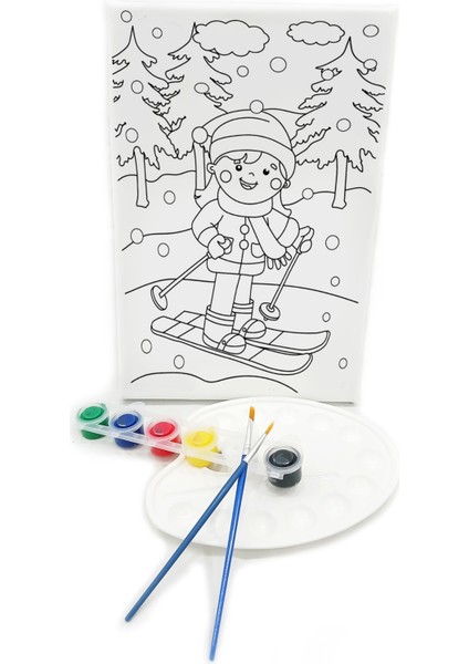 Kayakçı Kız Minik Ressam Seti 20 x 30 cm Önçizimli Tuval 2 Adet Fırça Palet ve Boya