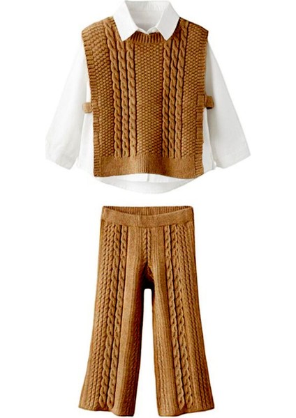 Sarmal Çizgi Detaylı Gömlekli Bağlamalı 3 Lü Triko takım - Kahverengi