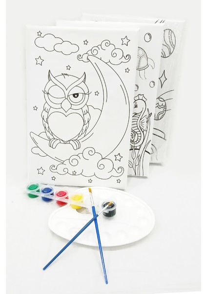 3'lü Minik Ressam Seti 20 x 30 cm Önçizimli Tuval 2 Adet Fırça Palet ve Boya