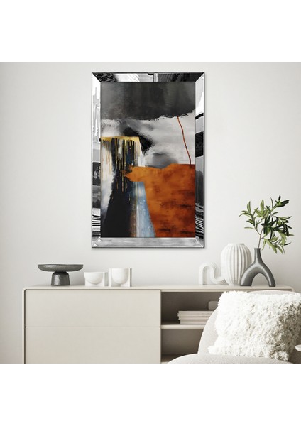 Gümüş Aynalı Pleksi Çerçeveli Turuncu ve Siyah Mavi Beyaz Desenli Çizim Soyut Tablo