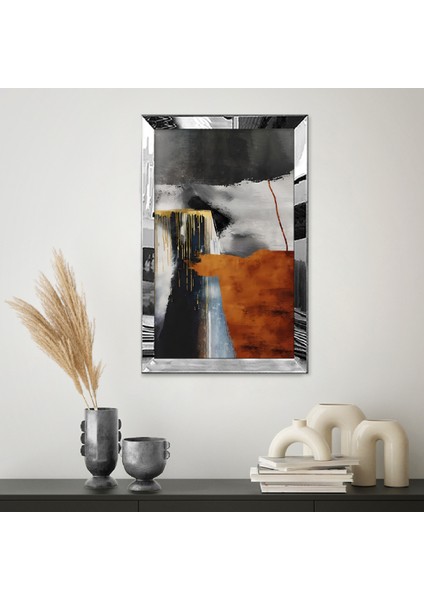 Gümüş Aynalı Pleksi Çerçeveli Turuncu ve Siyah Mavi Beyaz Desenli Çizim Soyut Tablo fiyatları