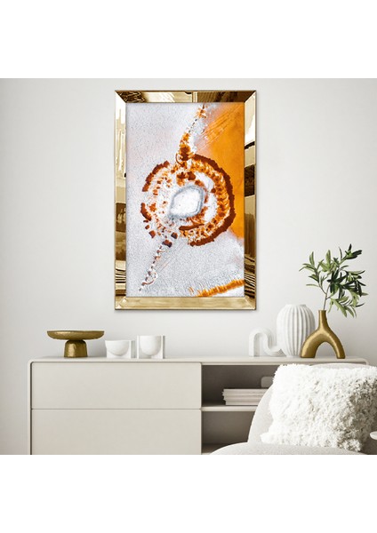 Gold Aynalı Pleksi Çerçeveli Beyaz ve Turuncunun Birleşimi Soyut Çizim Tablo