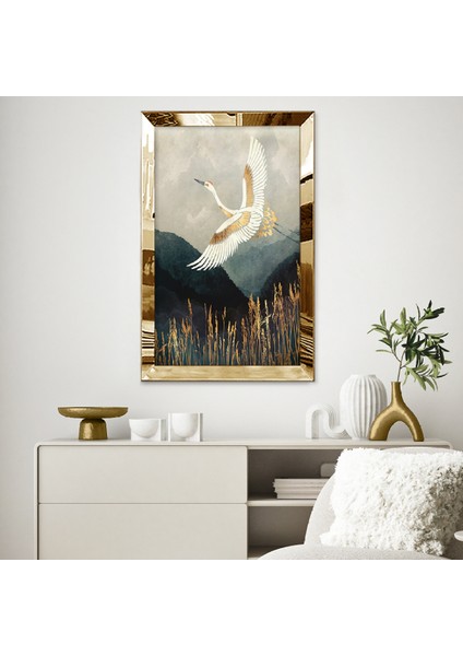 Gold Aynalı Pleksi Çerçeveli Minimalist Gri Beyaz Leylek Desenli Çizim Tablo