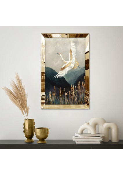 Gold Aynalı Pleksi Çerçeveli Minimalist Gri Beyaz Leylek Desenli Çizim Tablo fiyatları