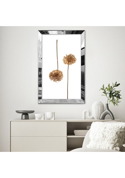 Gümüş Aynalı Pleksi Çerçeveli Kolaj Beyaz Altın Sarısı Çiçek Desenli Çizim Tablo