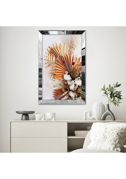 Gümüş Aynalı Pleksi Çerçeveli Turuncu ve Beyaz Çiçek Aranjmanı Tablosu