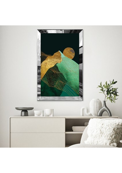 Gümüş Aynalı Pleksi Çerçeveli Altın ve Yeşil Renkli Dağ Manzarası ve Dolunay Tablosu