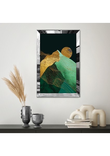 Gümüş Aynalı Pleksi Çerçeveli Altın ve Yeşil Renkli Dağ Manzarası ve Dolunay Tablosu fiyatları