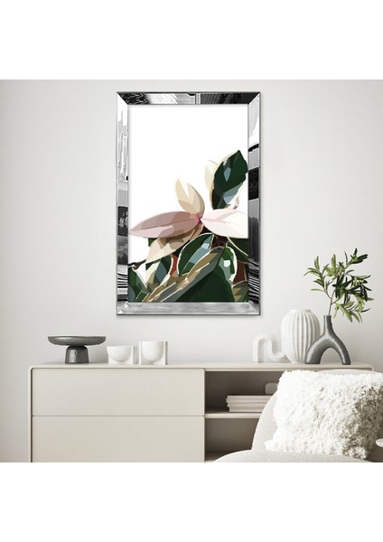 Gümüş Aynalı Pleksi Çerçeveli Modern Beyaz Pembe Yeşil Palmiye Yaprak Desenli Soyut Çizim Tablo