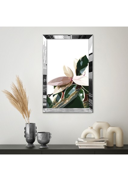 Gümüş Aynalı Pleksi Çerçeveli Modern Beyaz Pembe Yeşil Palmiye Yaprak Desenli Soyut Çizim Tablo fiyatları