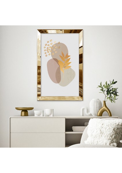 Gold Aynalı Pleksi Çerçeveli Pastel Tonlarda Soyut Şekiller Tablosu