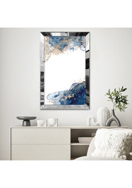 Gümüş Aynalı Pleksi Çerçeveli Mavi ve Altın Renkli Soyut Tasarım Tablosu