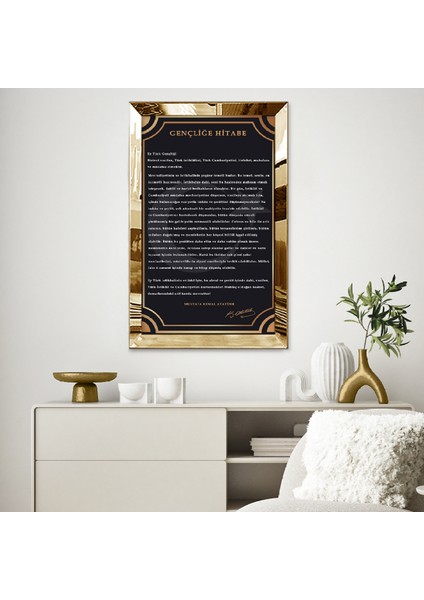 Gold Aynalı Pleksi Çerçeveli Mustafa Kemal Atatürk Gençliğe Hitabesi li Baskı Tablo