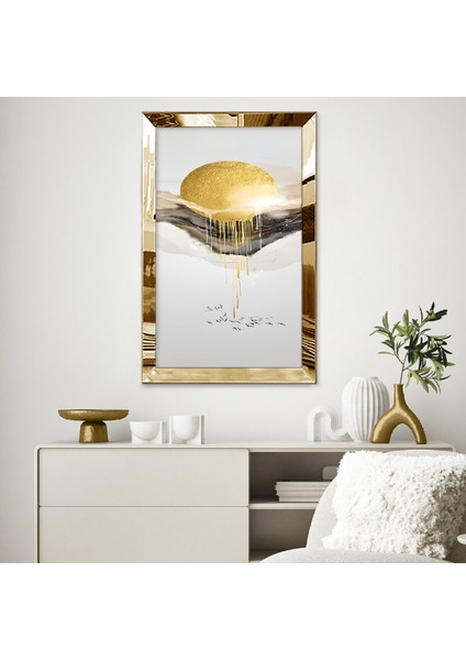 Gold Aynalı Pleksi Çerçeveli Modern Güneş Manzaralı Beyaz Bej Altın Sarısı Soyut Çizim Tablo