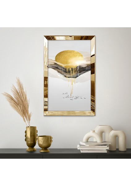 Gold Aynalı Pleksi Çerçeveli Modern Güneş Manzaralı Beyaz Bej Altın Sarısı Soyut Çizim Tablo fiyatları