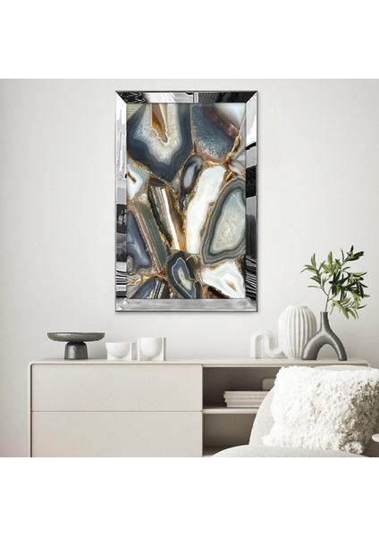 Gümüş Aynalı Pleksi Çerçeveli Modern Siyah Beyaz Gri Mermer Desenli Soyut Çizim Tablo