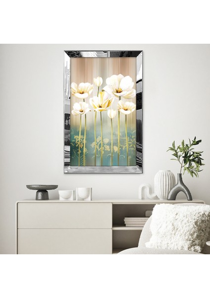 Gümüş Aynalı Pleksi Çerçeveli Modern Altın Sarısı Büyük Beyaz Çiçek Desenli Soyut Çizim Tablo