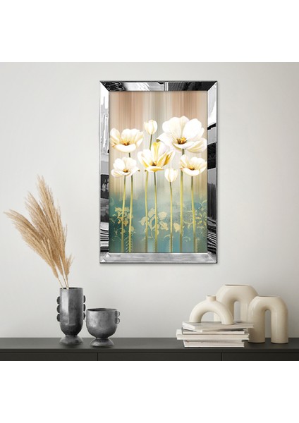 Gümüş Aynalı Pleksi Çerçeveli Modern Altın Sarısı Büyük Beyaz Çiçek Desenli Soyut Çizim Tablo fiyatları