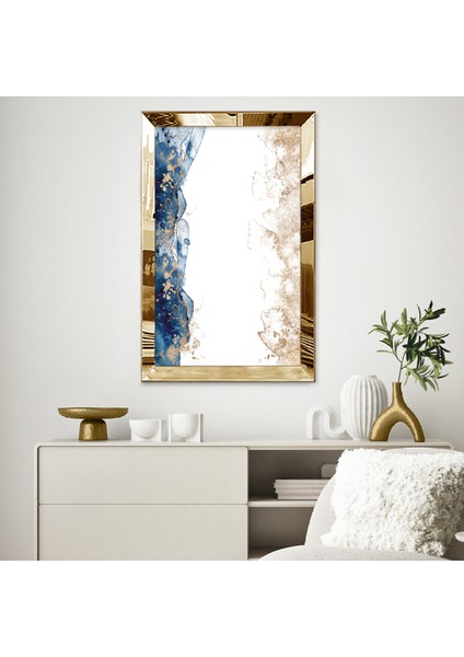 Gold Aynalı Pleksi Çerçeveli Ortası Beyaz Renkli Suluboya Tarzında Soyut Tasarım Tablosu