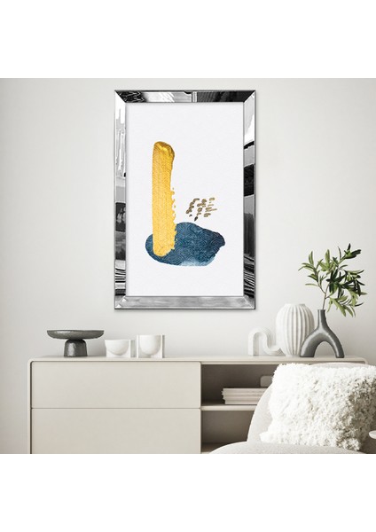 Gümüş Aynalı Pleksi Çerçeveli Mavi ve Altın Renkli Desenli Şekiller Tablosu