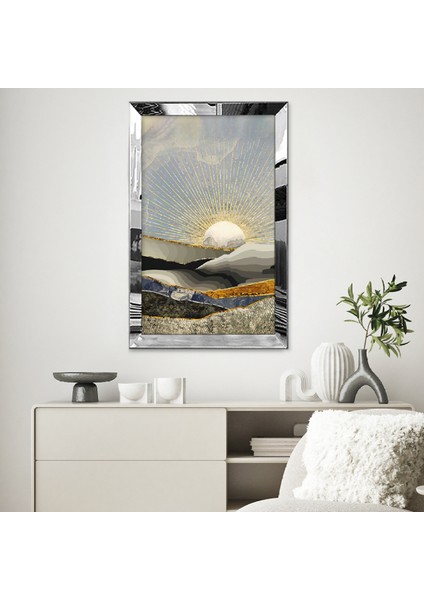 Gümüş Aynalı Pleksi Çerçeveli Minimalist Güneş Manzaralı Beyaz Altın Sarısı Soyut Çizim Tablo