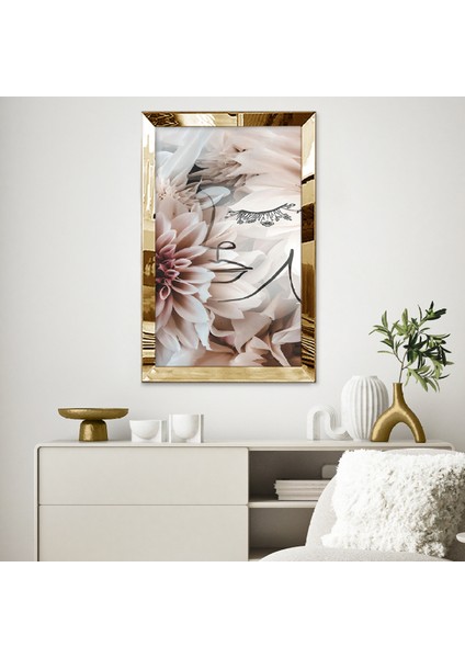 Gold Aynalı Pleksi Çerçeveli Modern Çiçekli Pembe Suretli Soyut Çizim Tablo