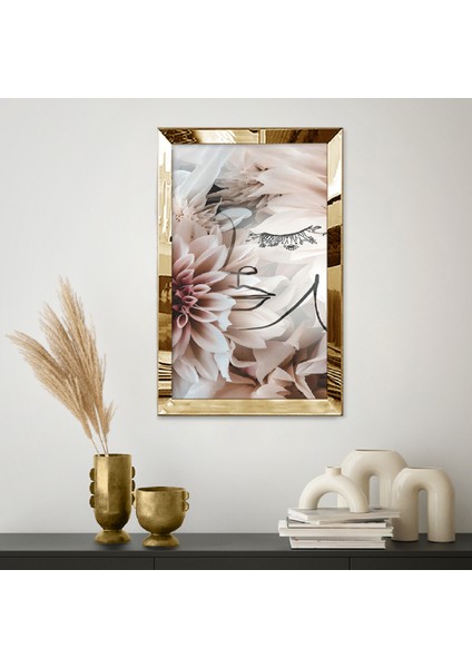 Gold Aynalı Pleksi Çerçeveli Modern Çiçekli Pembe Suretli Soyut Çizim Tablo fiyatları