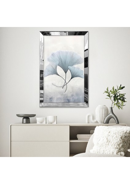 Gümüş Aynalı Pleksi Çerçeveli Minimalist Beyaz Yapraklı Soyut Çizim Tablo