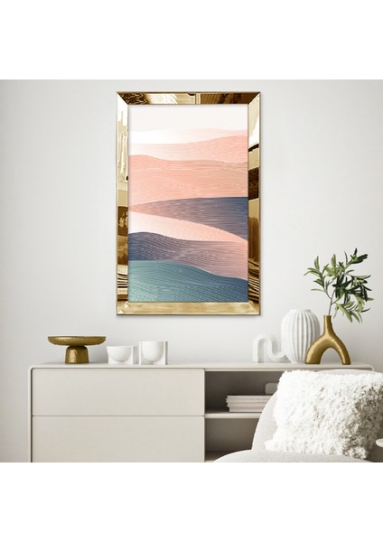 Gold Aynalı Pleksi Çerçeveli Pembe ve Mavi Renkli Çizgili Soyut Tasarım Tablosu