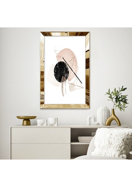 Gold Aynalı Pleksi Çerçeveli Pembe ve Siyah Geometrik Sanat Tablosu
