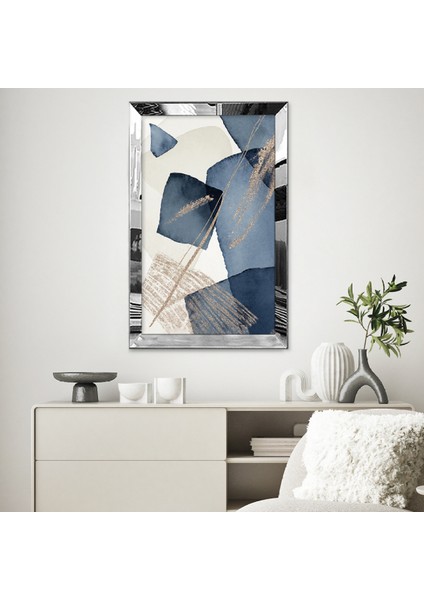 Gümüş Aynalı Pleksi Çerçeveli Mavi Şekilli Soyut Tasarım Tablosu