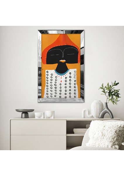 Gümüş Aynalı Pleksi Çerçeveli Modern Kırmızı Siyah Beyaz Soyut Çizim Tablo