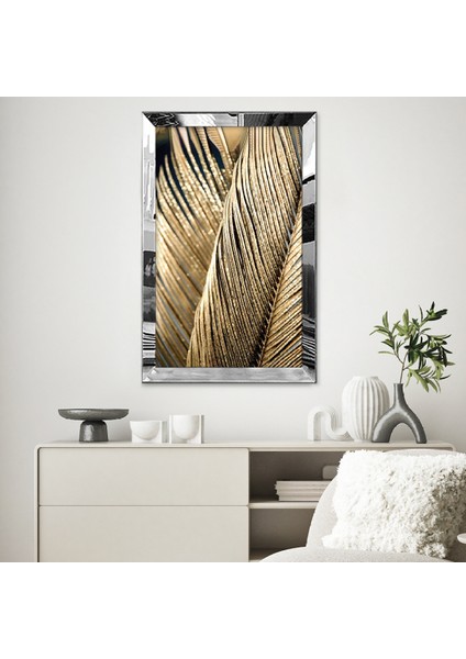Gümüş Aynalı Pleksi Çerçeveli Minimalist Siyah Altın Sarısı Palmiye Desenli Soyut Çizim Tablo