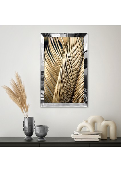 Gümüş Aynalı Pleksi Çerçeveli Minimalist Siyah Altın Sarısı Palmiye Desenli Soyut Çizim Tablo fiyatları