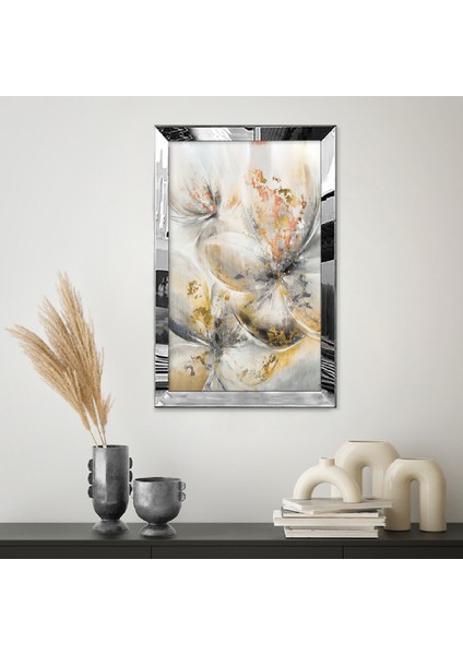Gümüş Aynalı Pleksi Çerçeveli Minimalist Beyaz Kahverengi Gri Zarif Çiçekli Soyut Çizim Tablo fiyatları