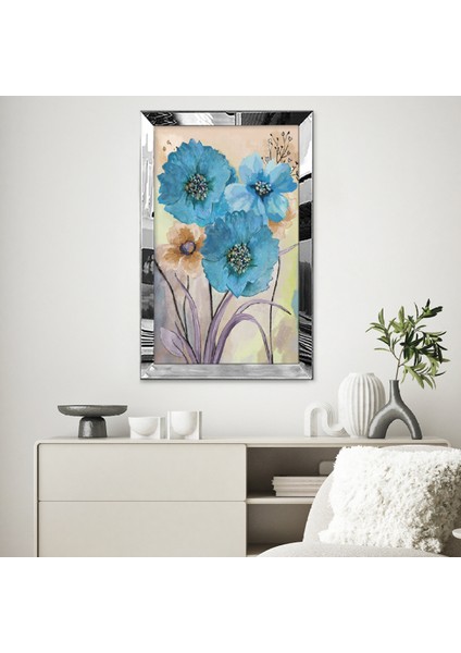 Gümüş Aynalı Pleksi Çerçeveli Mavi Renkli Büyük Çiçekler Tablosu