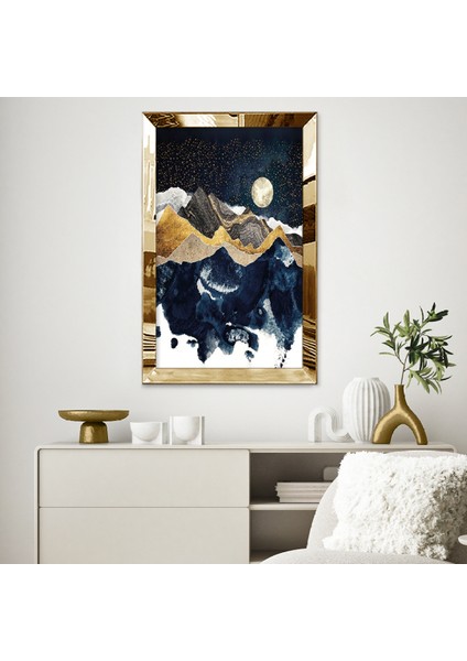 Gold Aynalı Pleksi Çerçeveli Dağ Manzaralı Kahverengi Mavi Beyaz Gökyüzü Desenli Soyut Çizim Tablo