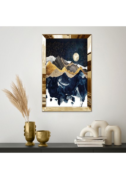 Gold Aynalı Pleksi Çerçeveli Dağ Manzaralı Kahverengi Mavi Beyaz Gökyüzü Desenli Soyut Çizim Tablo fiyatları