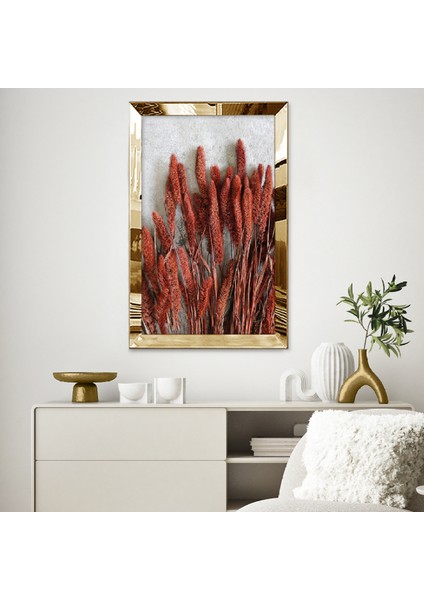 Gold Aynalı Pleksi Çerçeveli Kırmızı Kuru Otlar Tablosu
