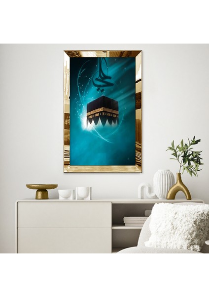 Gold Aynalı Pleksi Çerçeveli Modern Mavi Beyaz Siyah Kabe Desenli Çizim Tablo