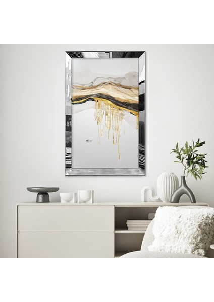 Gümüş Aynalı Pleksi Çerçeveli Modern Manzaralı Beyaz Bej Altın Sarısı Soyut Çizim Tablo
