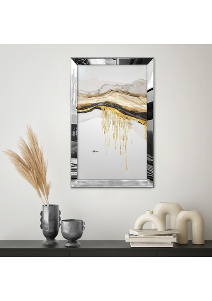 Gümüş Aynalı Pleksi Çerçeveli Modern Manzaralı Beyaz Bej Altın Sarısı Soyut Çizim Tablo fiyatları