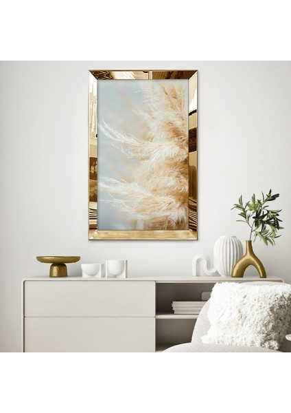 Gold Aynalı Pleksi Çerçeveli Minimalist Beyaz Altın Sarısı Zarif Tüy Soyut Çizim Tablo