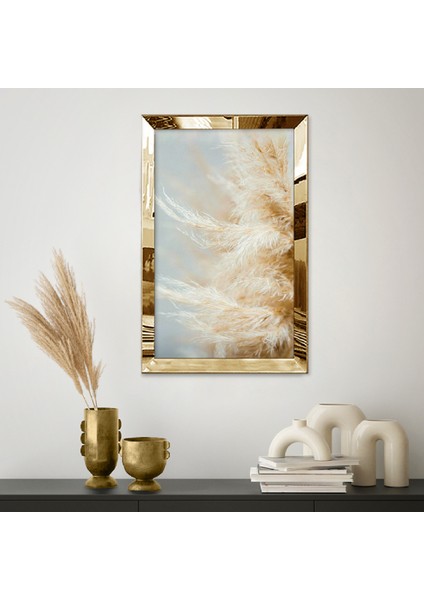 Gold Aynalı Pleksi Çerçeveli Minimalist Beyaz Altın Sarısı Zarif Tüy Soyut Çizim Tablo fiyatları