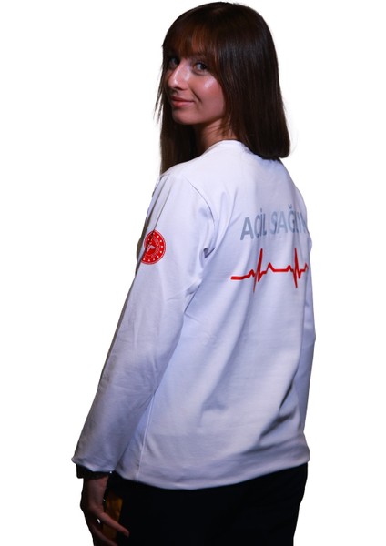 112UZUN Kollu Beyaz Renk Sweat Unisex Modeli