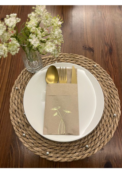 Gold Yaldızlı Kraft Cepli Havuç Çiçeği Peçete 12 Adet 40X40